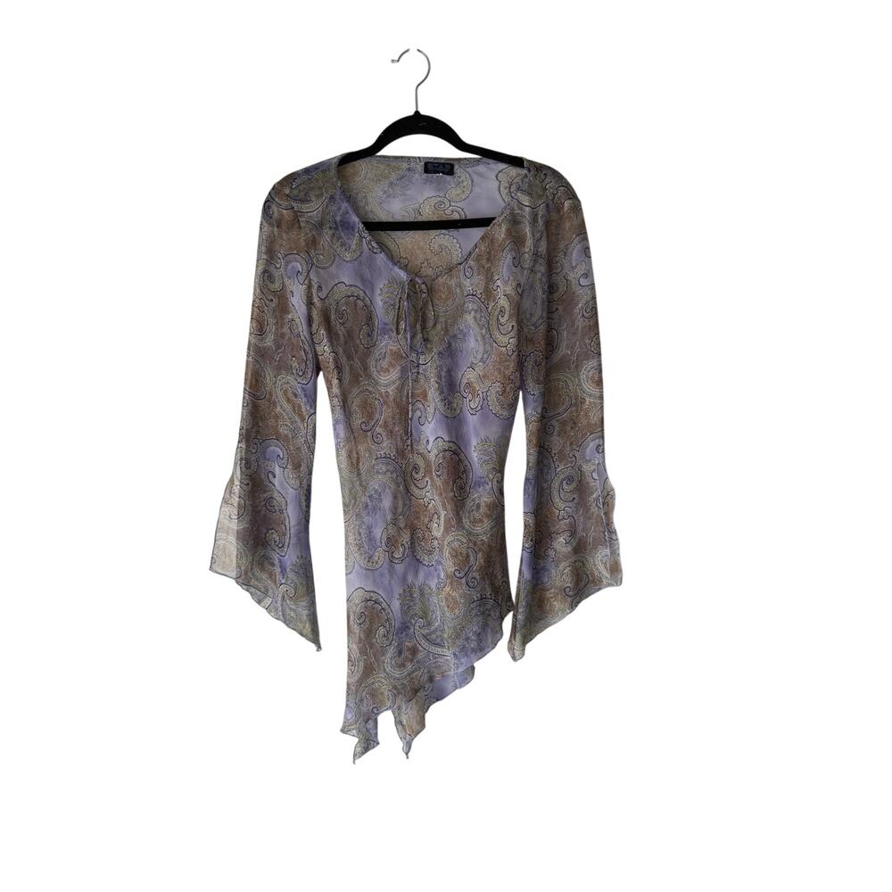 Star City Y2K Small Blue Paisley Retro Hippie‎ Artsy Asymmetrical Sheer Top rain